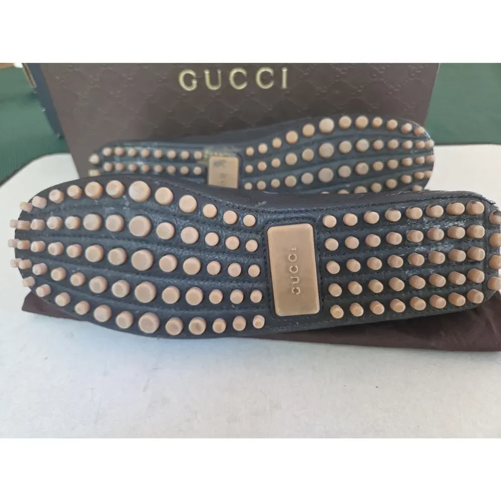 GUCCI Loafers Leather Shoes Laces Tassels Bamboo Navy Men's Size UK 8 Us8.5